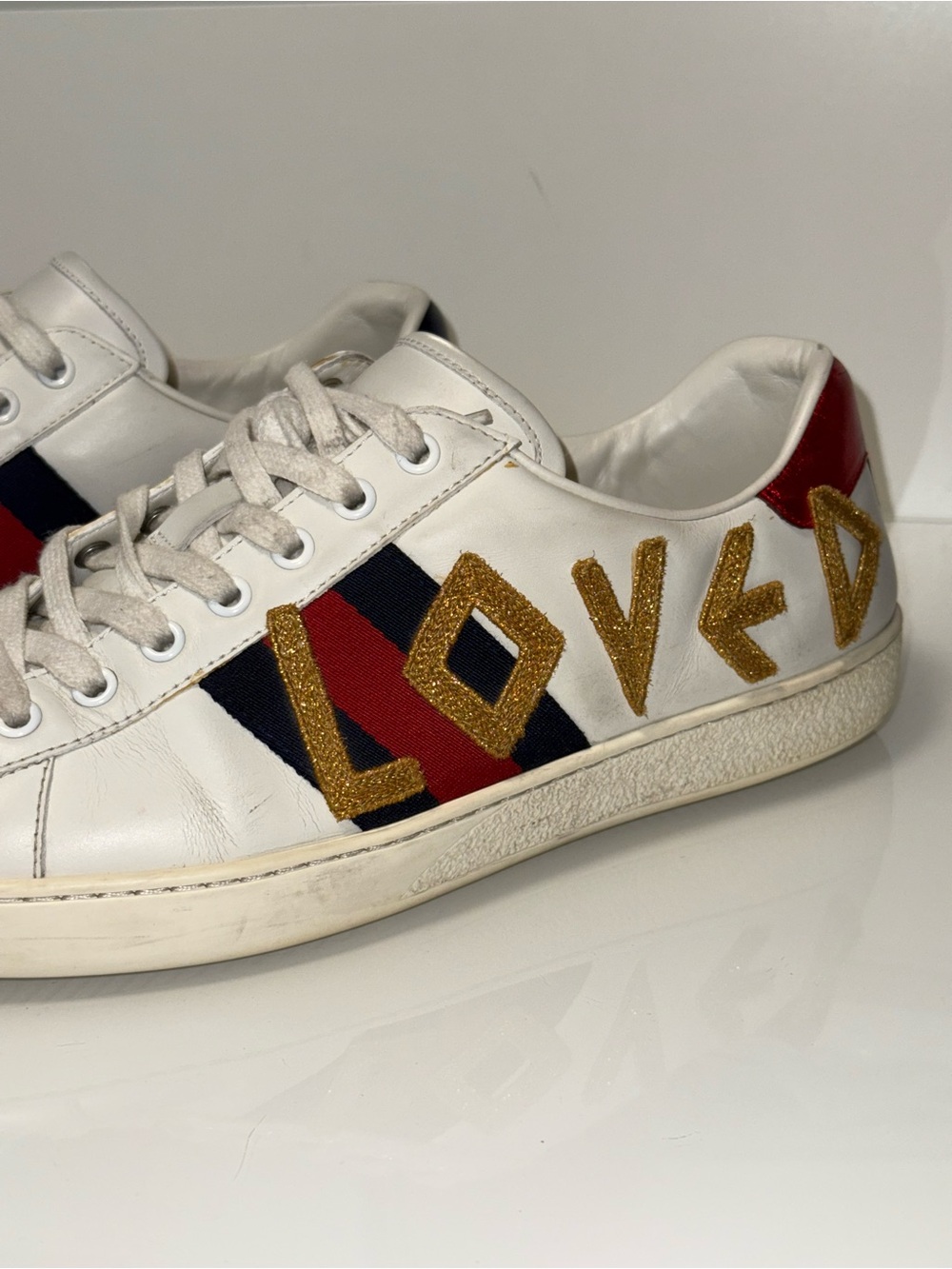 Gucci White Leather 'Loved' Sneakers with Red, Blue & Gold Accents - Picture 11 of 17
